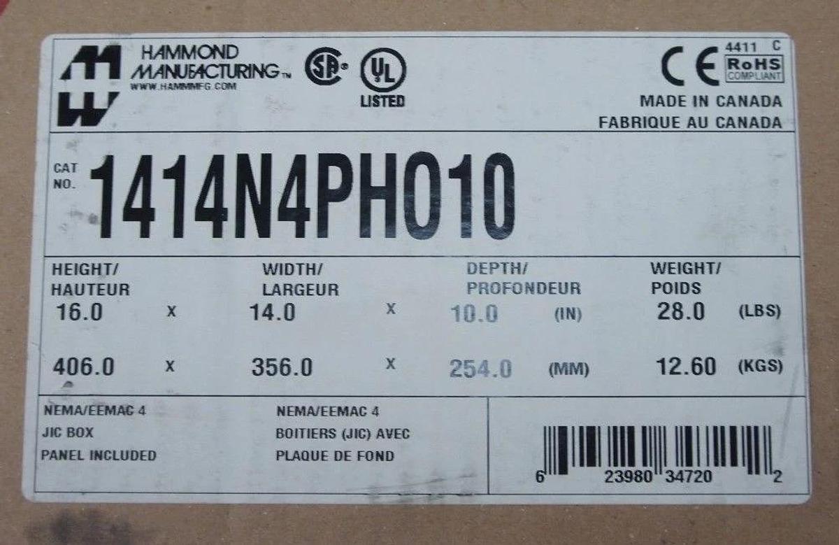 Used NIB HAMMOND 1414N4PHO10 ENCLOSURE JUCTION BOX 1414N4PH010, 16.0H X 14.0W X 10.0D