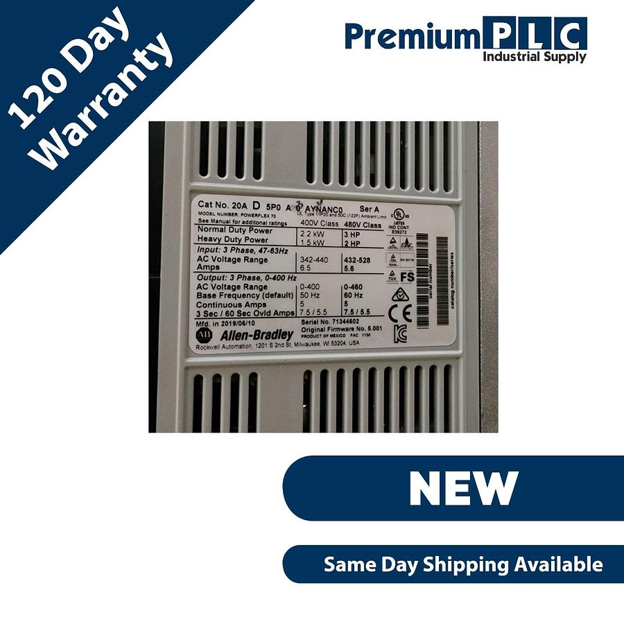 Used NEW ALLEN BRADLEY 20AD5P0A3AYYANC0 /A POWERFLEX 70 2.2kW/3HP AC DRIVE FRN:5.001