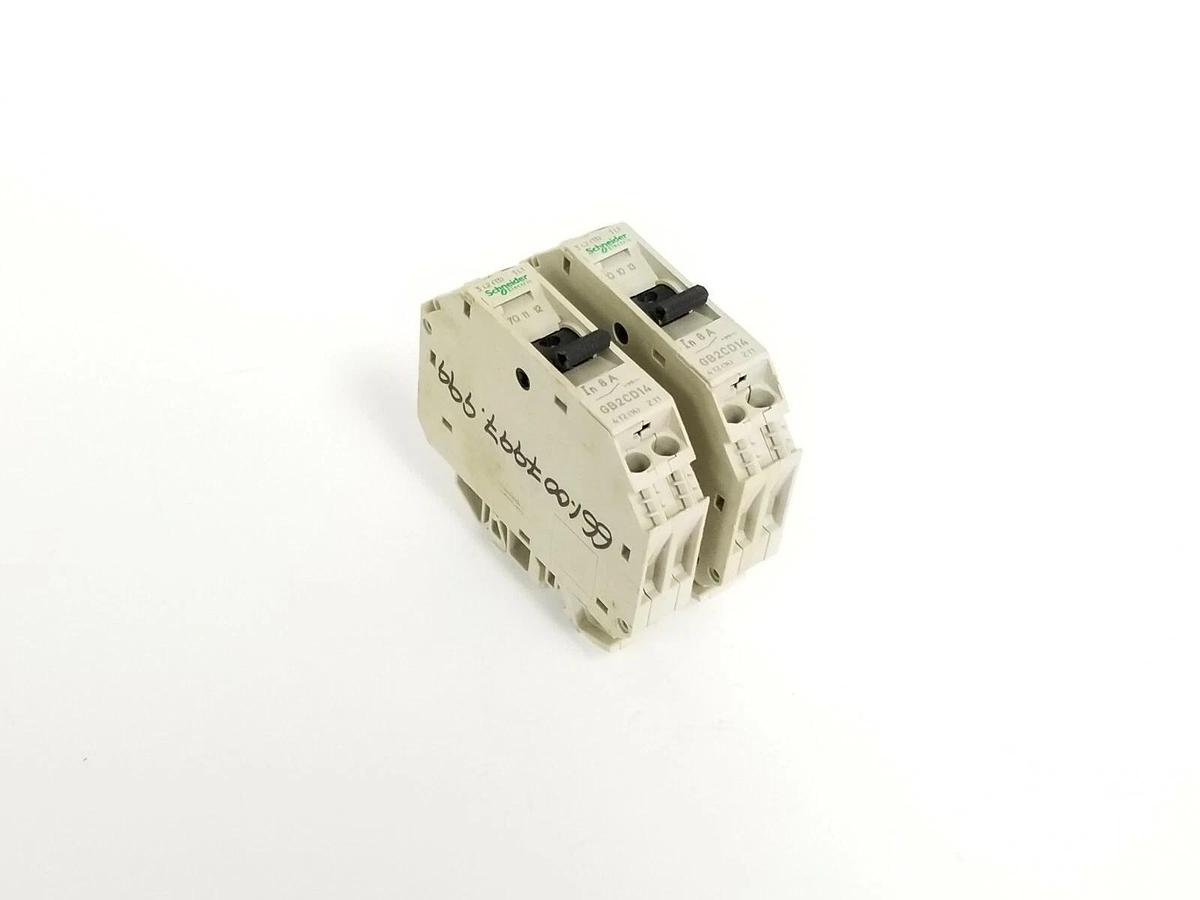 Used LOT OF 2 SCHNEIDER ELECTRIC GB2-CD14 CIRCUIT PROTECTORS 8A 48VDC 125VAC GB2CD14