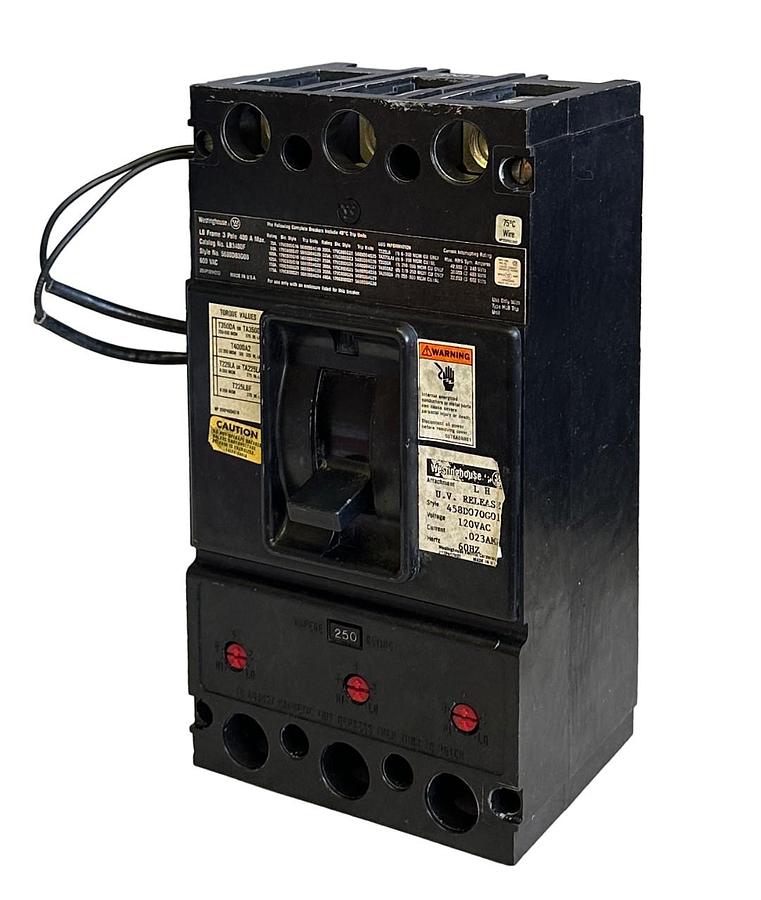 Used WESTINGHOUSE LB3400F / 5680D03G08 CIRCUIT BREAKER 3-POLE 400A 600V W/ 458D070G01