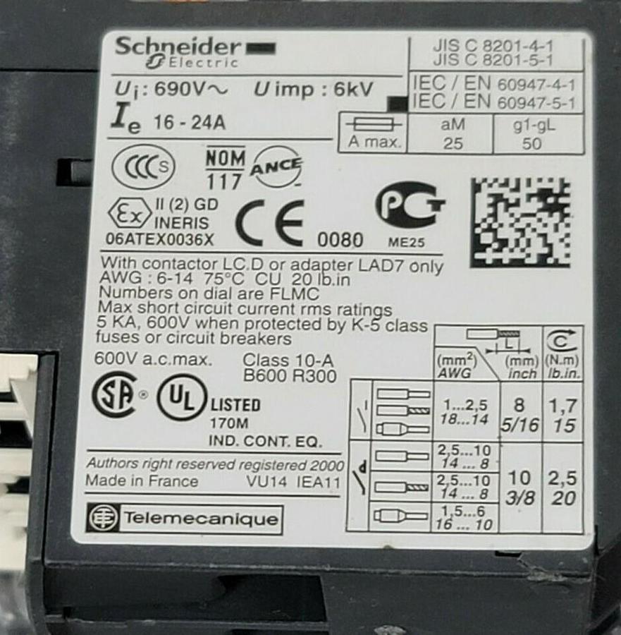 Used SCHNEIDER ELECTRIC LRD22 THERMAL OVERLOAD RELAY LRD 22 16/24 AMP 3P