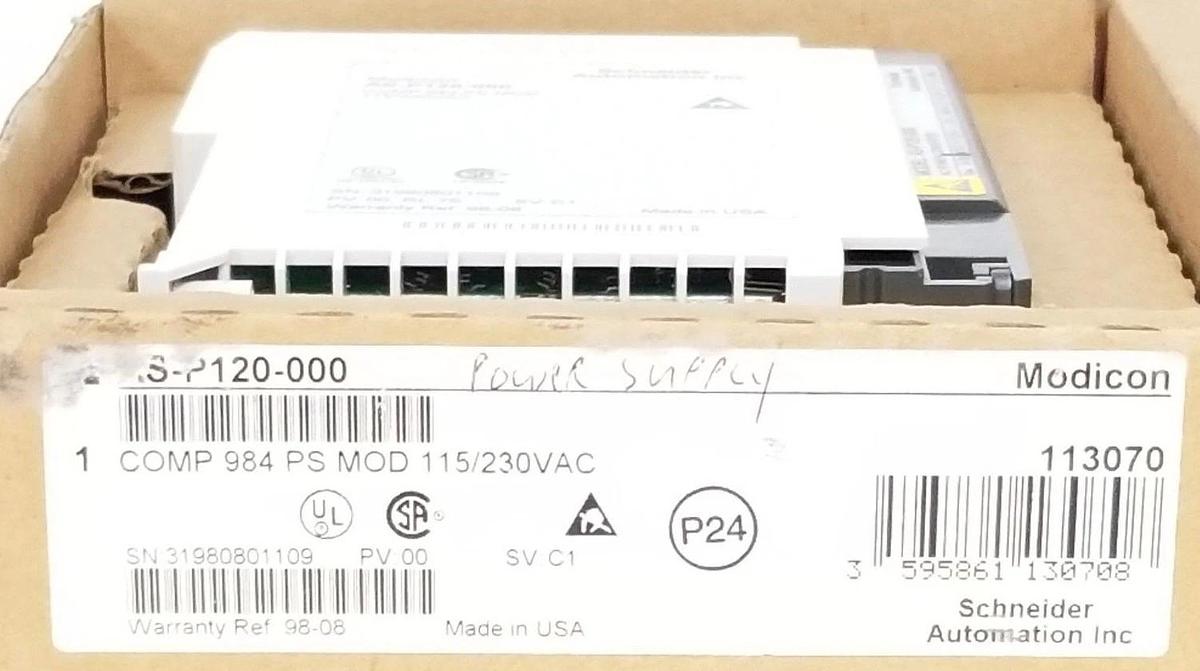 Used NIB SCHNEIDER AUTOMATION AS-P120-000 COMP 984 PS MOD PV: 00 RL: 75 SV: C1