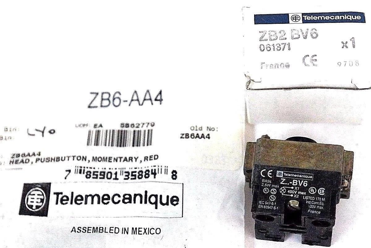 Used NEW TELEMECANIQUE ZB6-AA4 PUSHBUTTON RED & ZB2-BV6 LIGHT MODULE