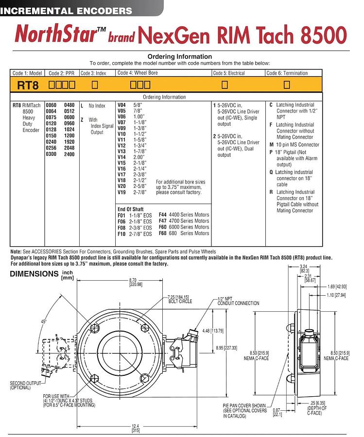 Dynapar NorthStar RT80600LF082C RIMTach RT8 Incremental Encoder 8.5" C-Face NSMP