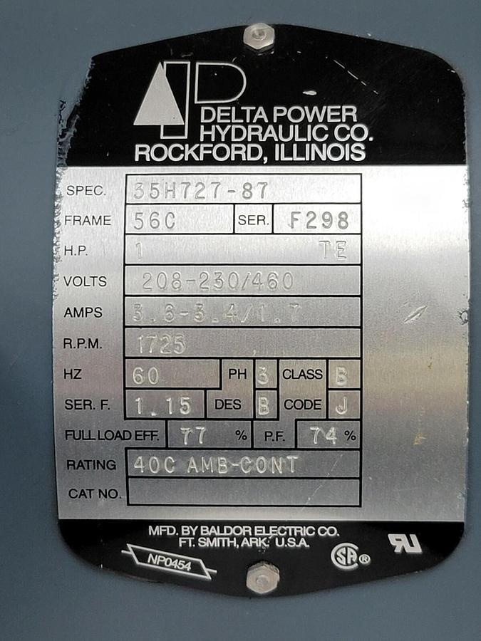 Used NEW DELTA POWER HYDRAULIC 35H727-87 FRAME 56C H.P. 1 VOLTS: 208-230/460 W/ C43