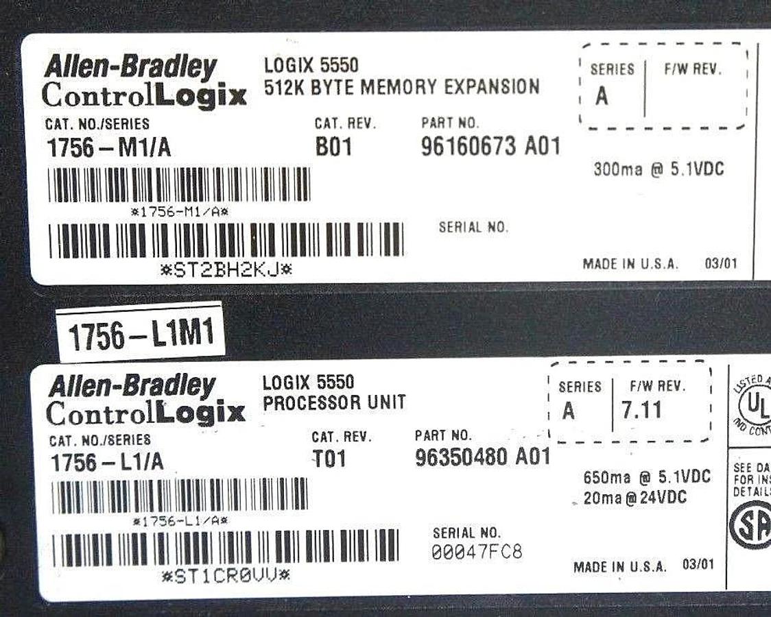 Used ALLEN BRADLEY 1756-L1/A PROCESSOR UNIT SER. A, F/W REV. 7.11 CAT REV. T01