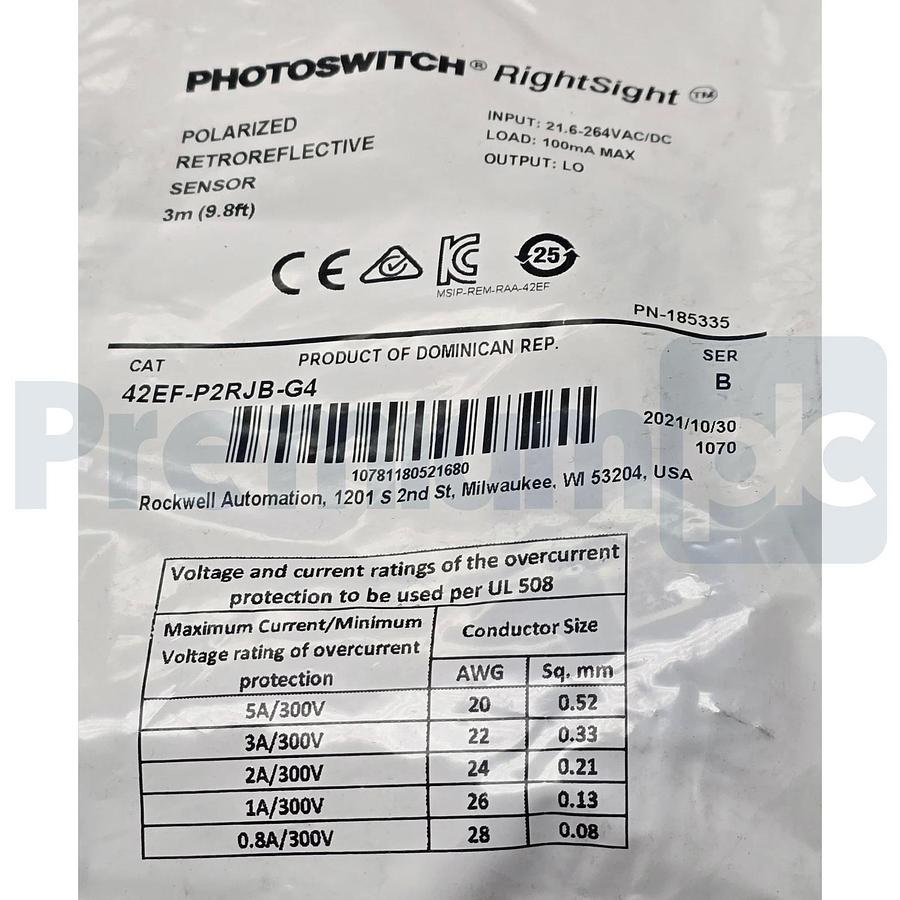 Used Allen Bradley 42EF-P2RJB-G4 /B RightSight Photoelectric Sensor Polarized 3m NSFS