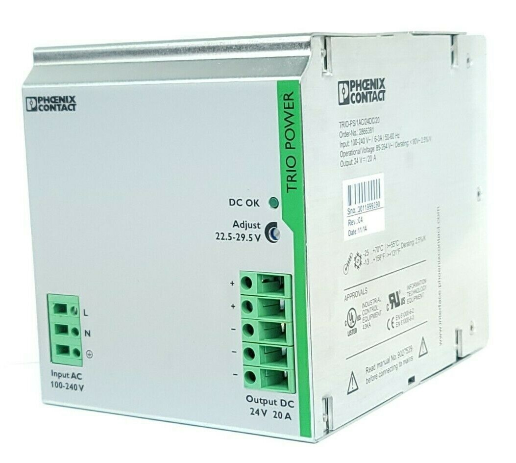 Used PHOENIX CONTACT TRIO-PS/1AC/24DC/20 POWER SUPPLY 2866381 OUTPUT: 24 V DC/20 A