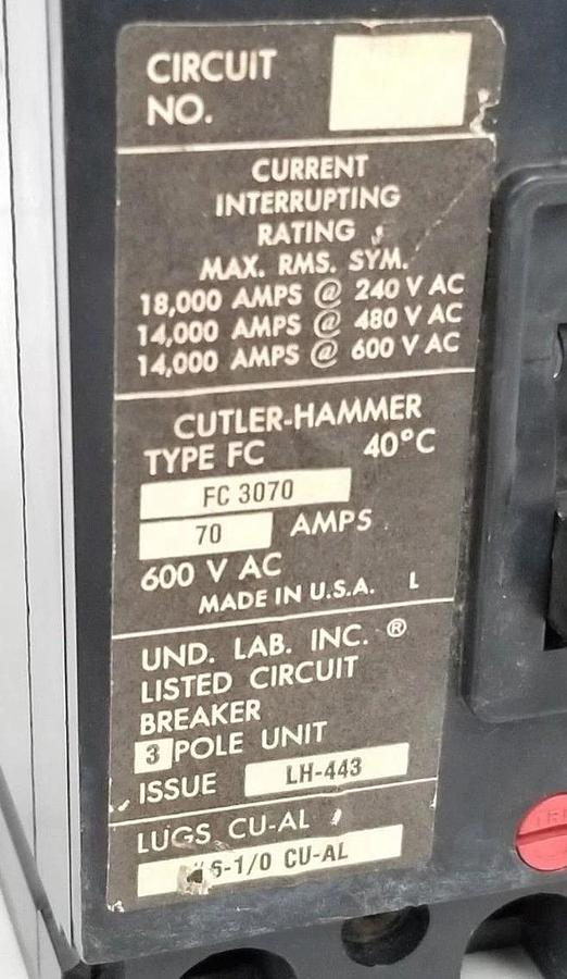 Used CUTLER HAMMER FC-3070 CIRCUIT BREAKER 70A 600VAC LH-443 3-POLE FC3070