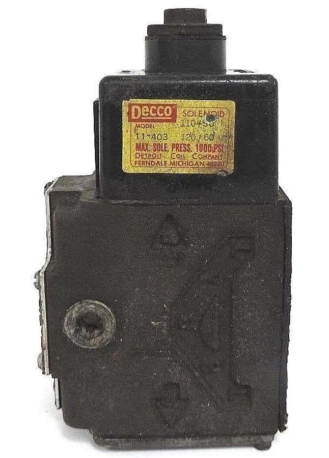 Used VICKERS DOUBLE A QJ-01-C-L-10F1 HYDRAULIC VALVE W/ DECCO 11-403 COIL