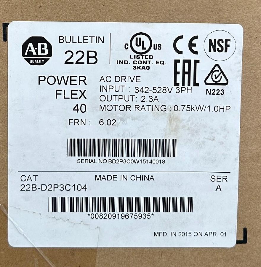 Used ALLEN BRADLEY 22B-D2P3C104 /A PowerFlex 40 AC DRIVE 0.75kW/1HP 342-528VAC NSMP