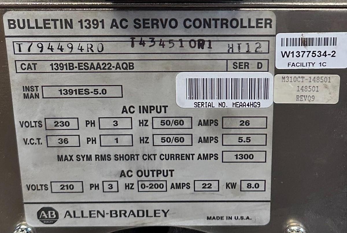 Used For Parts ALLEN BRADLEY 1391B-ESAA22-AQB /D AC SERVO CONTROLLER 8kW 22A 3PH