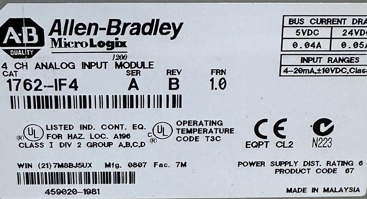 Used ALLEN BRADLEY 1762-IF4 /A MicroLogix 4-CHANNEL ANALOG INPUT MODULE 1762IF4