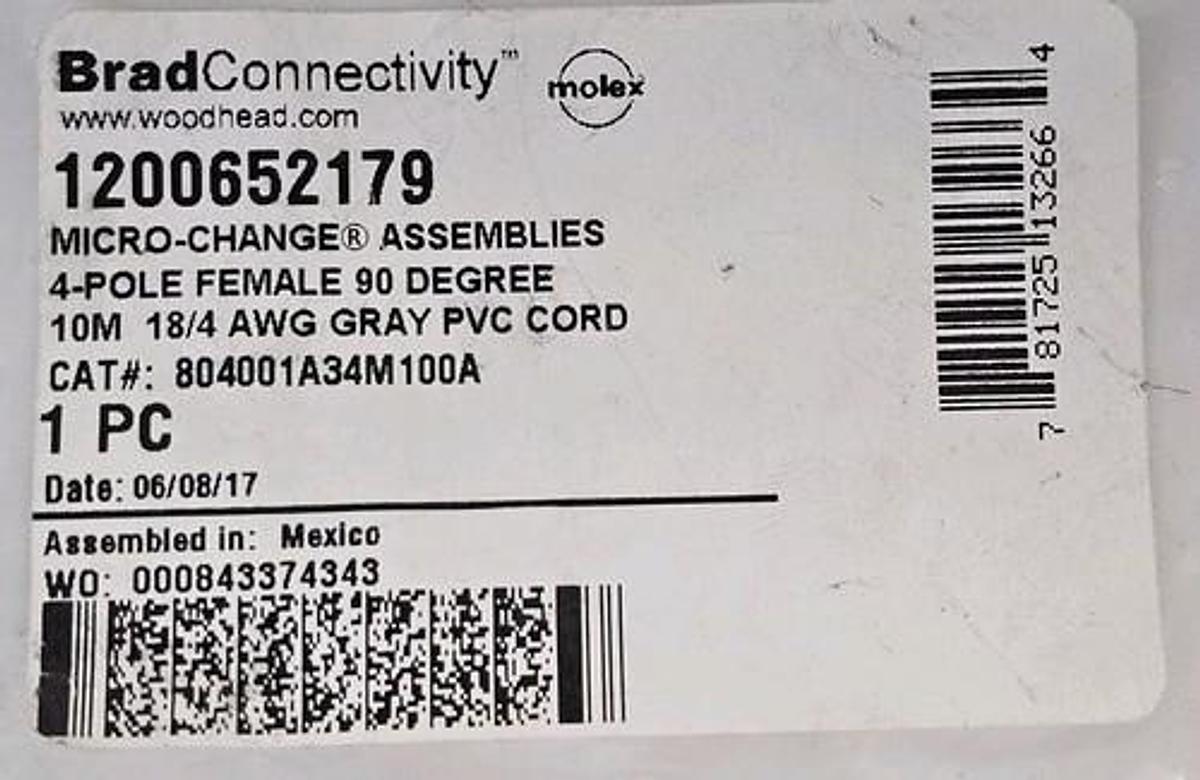 NEW MOLEX WOODHEAD 804001A34M100A MICRO-CHANGE CORDSET 1200652179