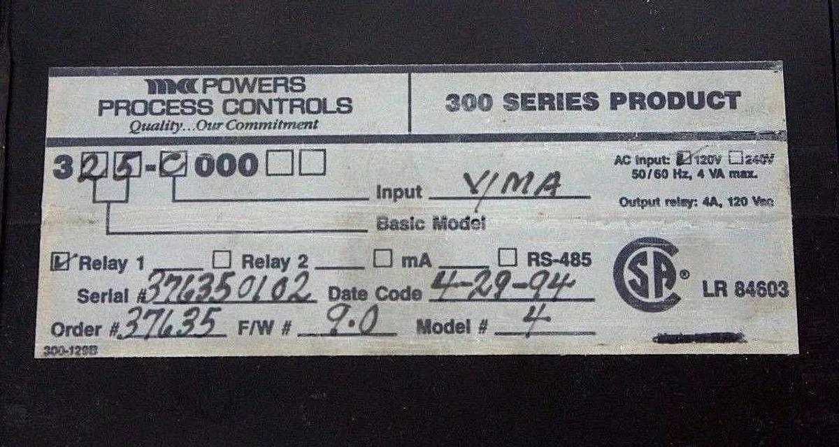 Used POWERS PROCESS CONTROLS 325-C000 DIGITAL TEMP. CONTROLLER 300 SERIES F/W 9.0