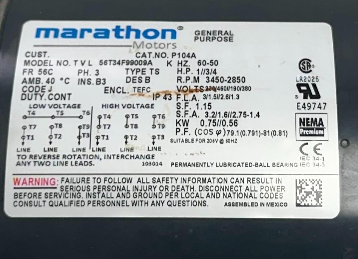 Used MARATHON 56T34F99009A / P104A GENERAL PURPOSE ELECTRIC MOTOR 3/4-1HP 3PH NSNP
