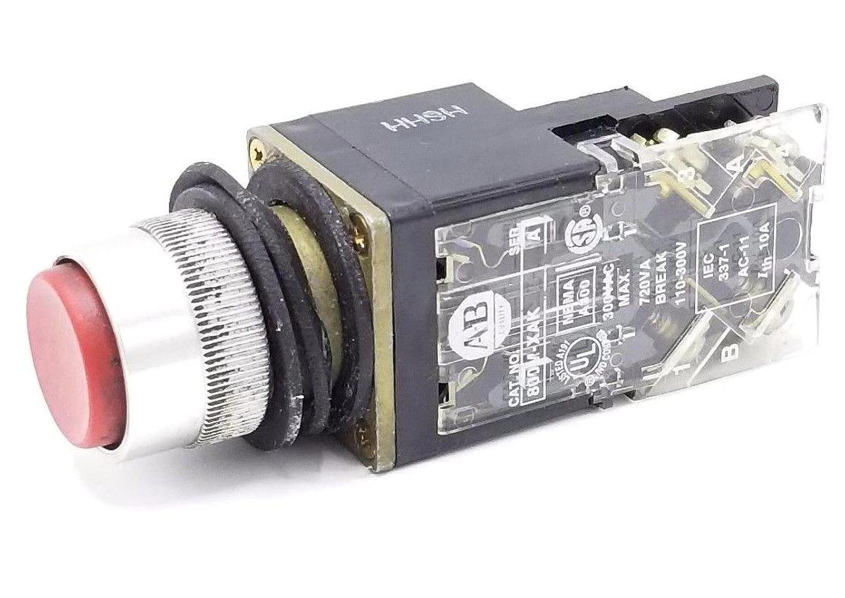 Used ALLEN BRADLEY 800MR-B6 PUSHBUTTON SER. A RED W/ 800M-XAK SER. A