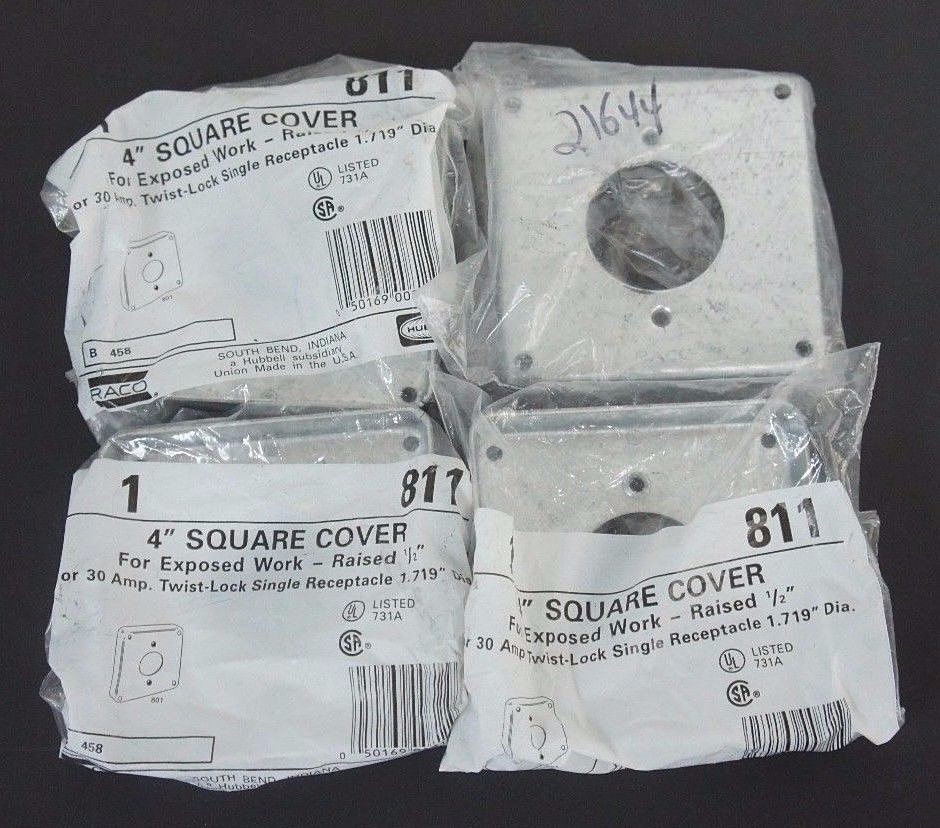 Used LOT OF 4 NEW HUBBELL 811 4" SQUARE COVERS RAISED 1/2"
