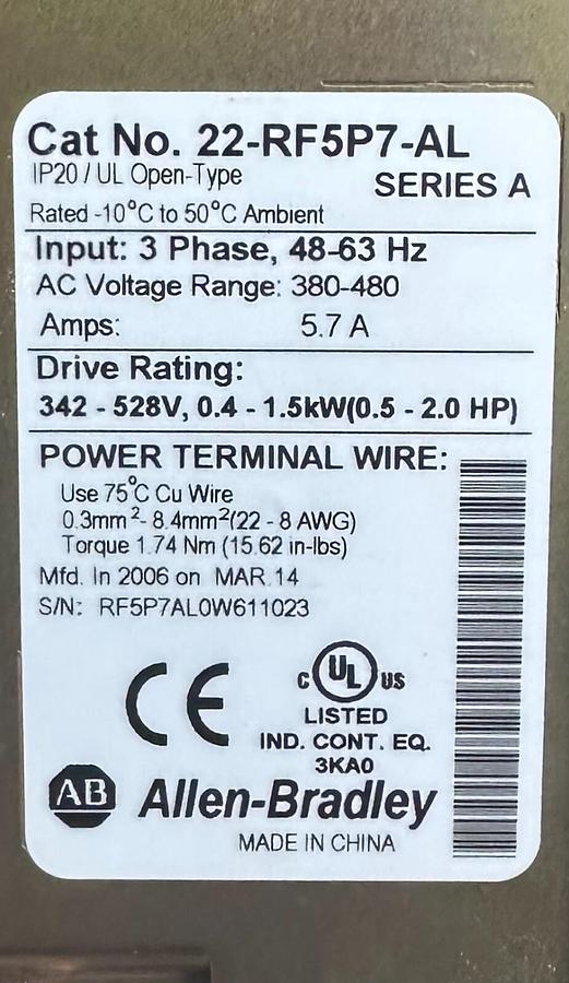 Used ALLEN BRADLEY 22-RF5P7-AL /A PowerFlex 4 LINE FILTER 380-480Vac 48-63Hz 5.7A