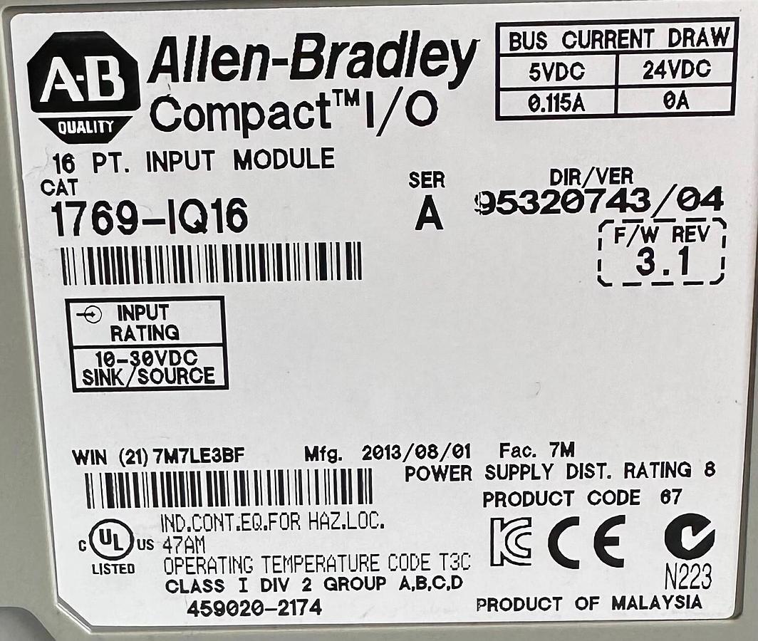 Used ALLEN BRADLEY 1769-IQ16 /A CompactLogix 16-PT DIGITAL INPUT MODULE 1769IQ16