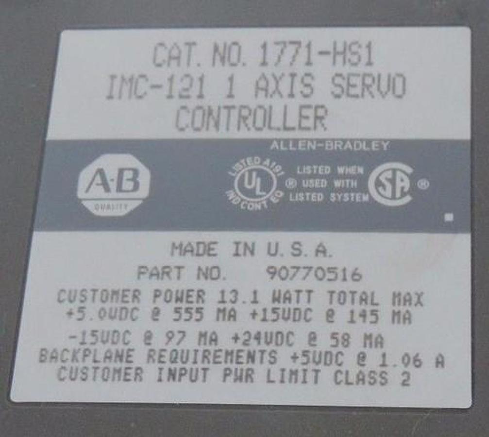 Used ALLEN BRADLEY 1771-HS1 IMC-121 1 AXIS SERVO CONTROLLER P/N: 90770516 W/1771-HM3A