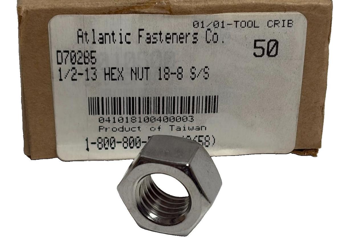 Used Atlantic Fasteners 1/2-13 Hex Nut 18-8 Stainless Steel Box of 50 Fasteners