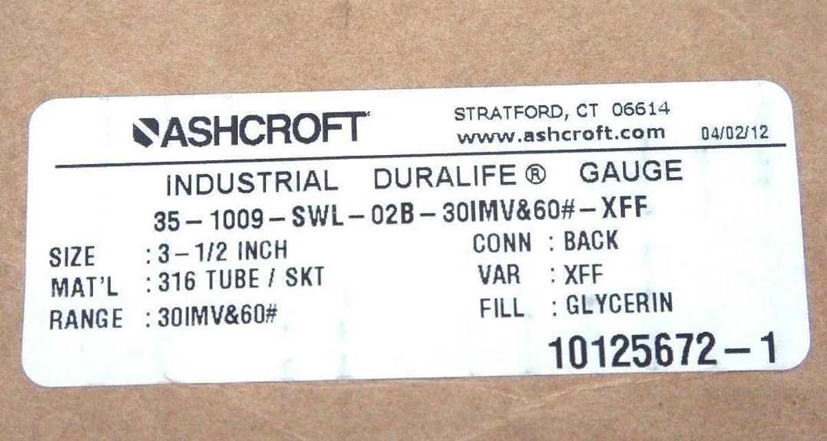 LOT OF 3 NIB ASHCROFT 35-1009-SWL-02B-30IMV&60#-XFF DURALIFE GAUGE SIZE: 3-1/2''