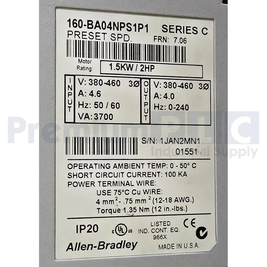 Used ALLEN BRADLEY 160-BA04NPS1P1 /C 160 SSC VARIABLE SPEED DRIVE 1.5kW/2HP FRN 7.06