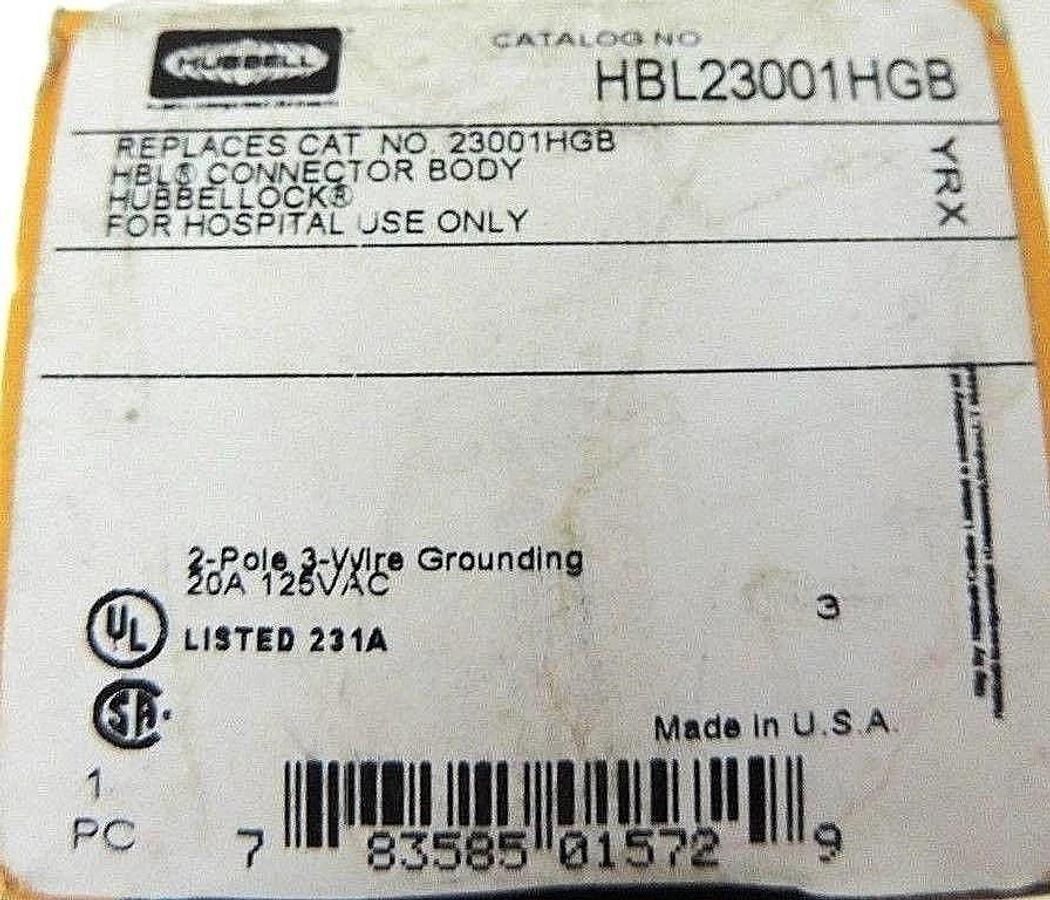 Used NIB HUBBELL HBL23001HGB CONNECTOR BODY HOSPITAL GRADE, 20A, 125VAC, 2 POLE