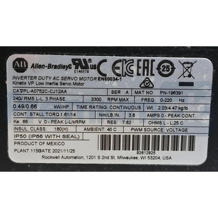 Used Allen-Bradley VPL-A0752C-CJ12AA /A Kinetix VP Low Inertia Servo Motor 240V NSNP