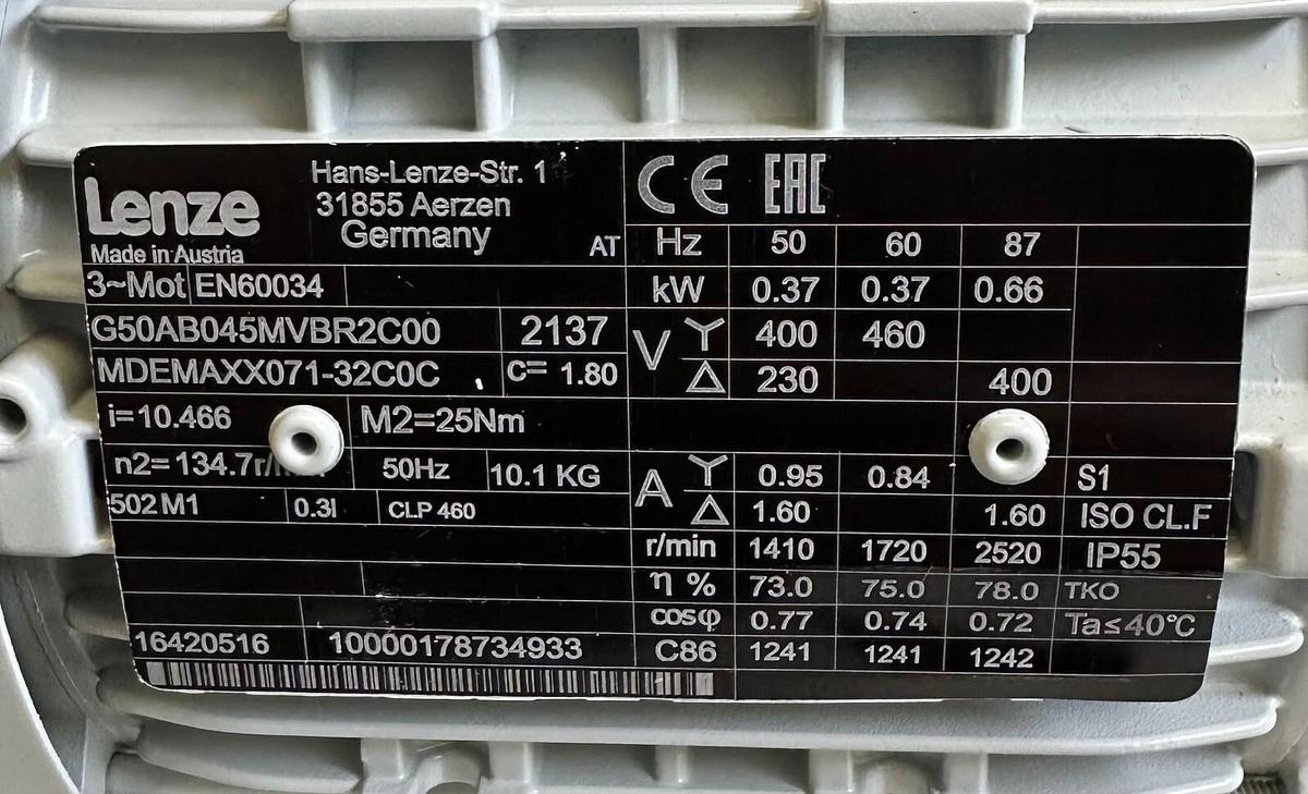 Used NEW LENZE MDEMAXX071-32C0C / G50AB045MVBR2C00 GEAR MOTOR 3PH EN60034 16420516