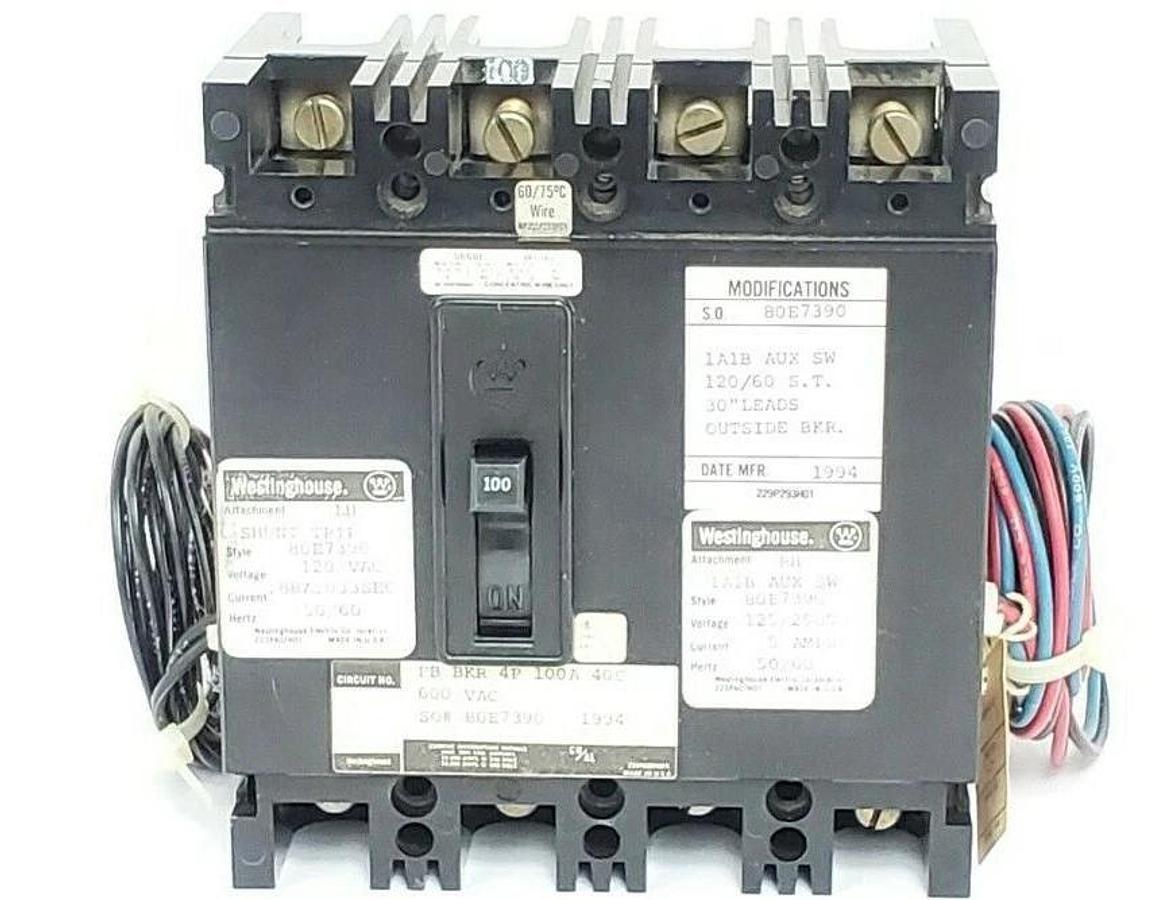 Used WESTINGHOUSE 80E7390 CIRCUIT BREAKER ASSY FB BKR 4P 100A 40C 600VAC 1A1B