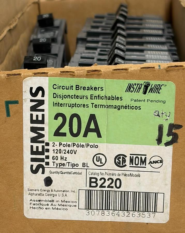 Used Lot of 15 Siemens B120 Circuit Breakers 1 Pole 20A Type BL Bolt-On Original Box