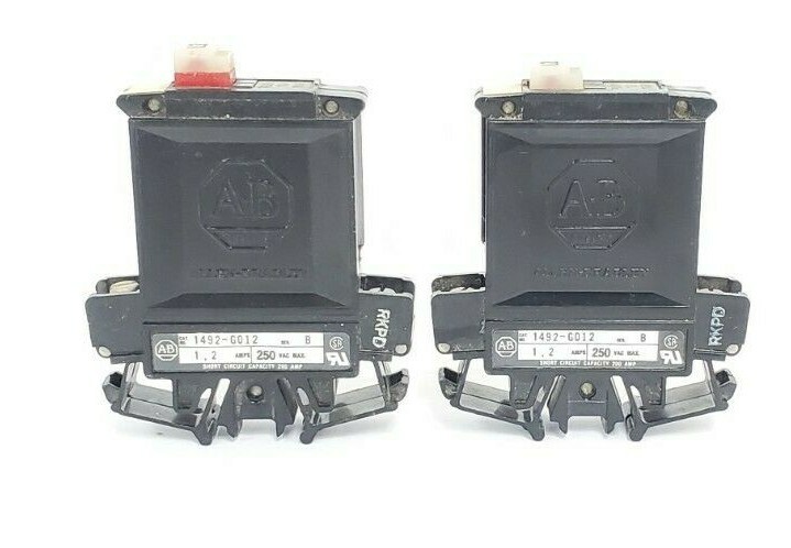Used LOT OF 2 ALLEN BRADLEY 1492-G012 CIRCUIT BREAKERS 1.2AMP 1POLE 250VAC, SER. B