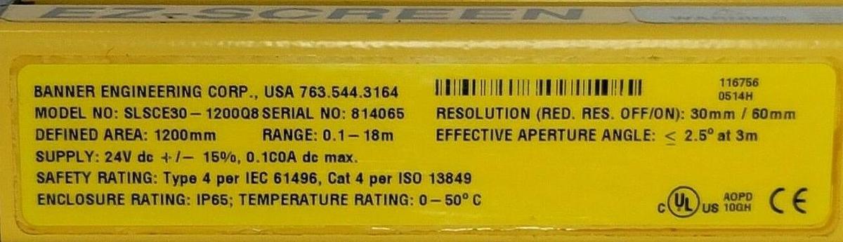 Used BANNER SLSCE30-1200Q8 EZ-SCREEN EMITTER RESOLUTION - 30 MM LENGTH - 1200 MM