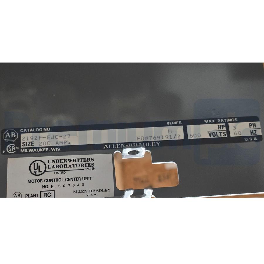 Used Surplus Allen Bradley 2192F-EJC-27 /H 2100 MCC Fusible Disconnect Unit 600V 200A
