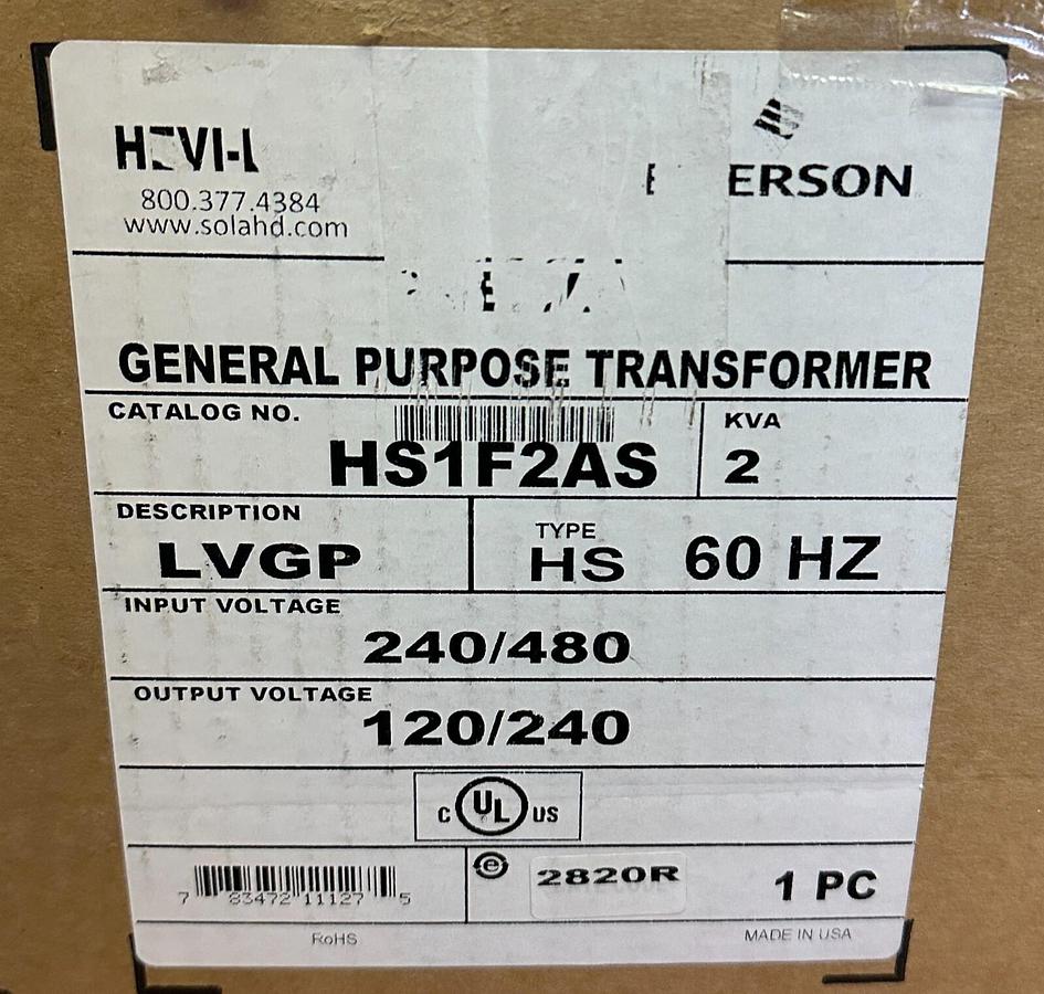 Used NEW EMERSON HS1F2AS GENERAL PURPOSE TRANSFORMER 2KVA LVGP 240/480V 60Hz HS