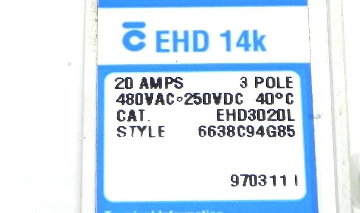 Used WESTINGHOUSE EHD3020L CIRCUIT BREAKER STYLE NO. 6638C94G85