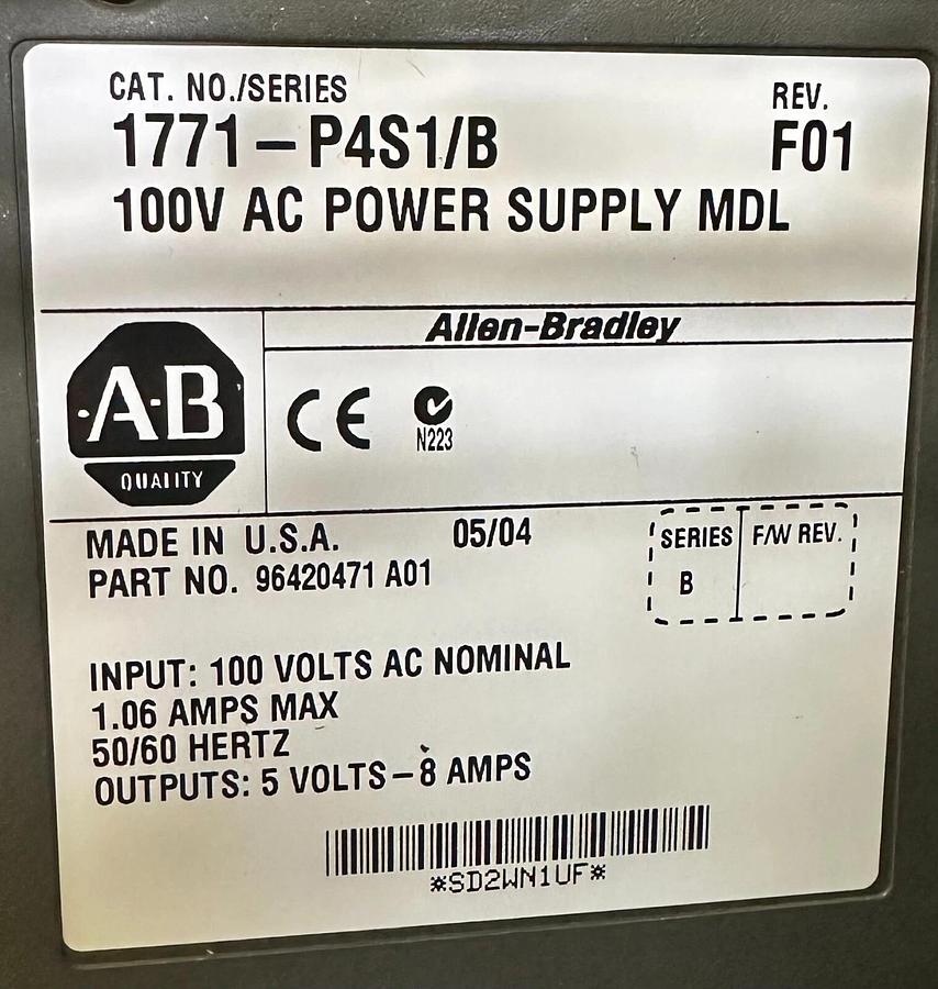 Used ALLEN BRADLEY 1771-A2B /B PLC-5 8-SLOT I/O CHASSIS W/ 1771-P4S1 /B POWER SUPPLY