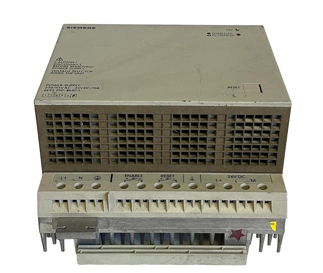 Used SIEMENS 6ES5 950-8MD11 / 6ES59508MD11 POWER SUPPLY 115/230VAC - 24VDC 10A