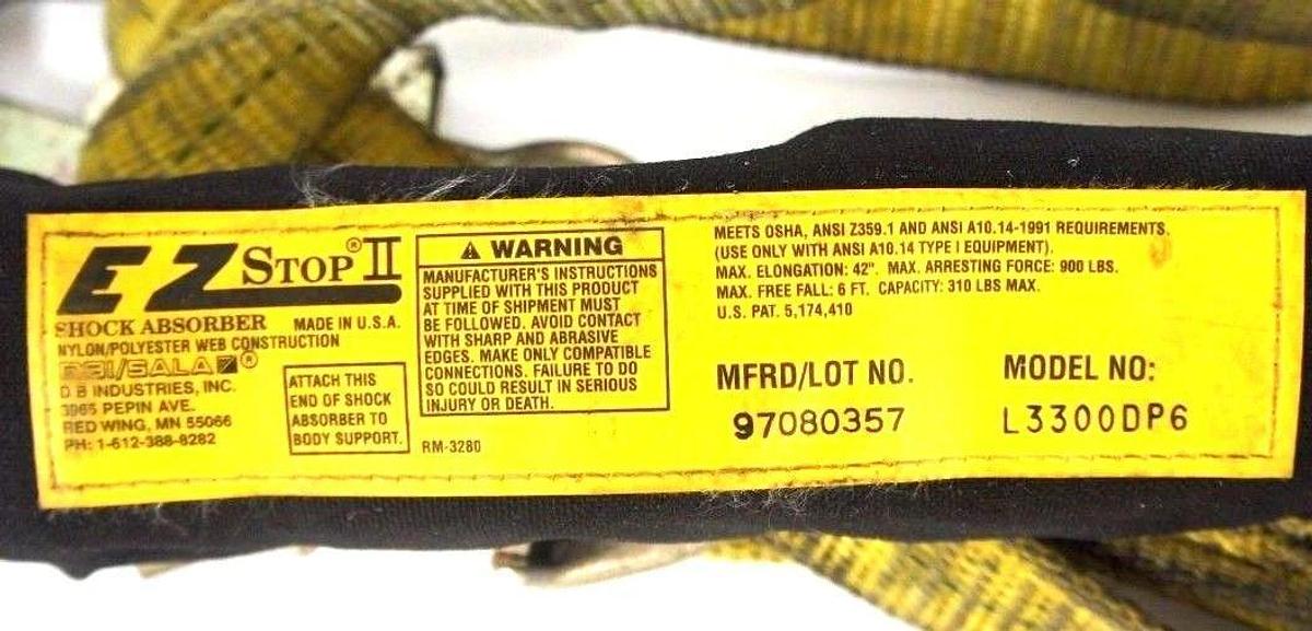Used EZ STOP II MODEL NO. L3300DP6 SHOCK ABSORBING LANYARD MFRD/LOT NO. 97080357