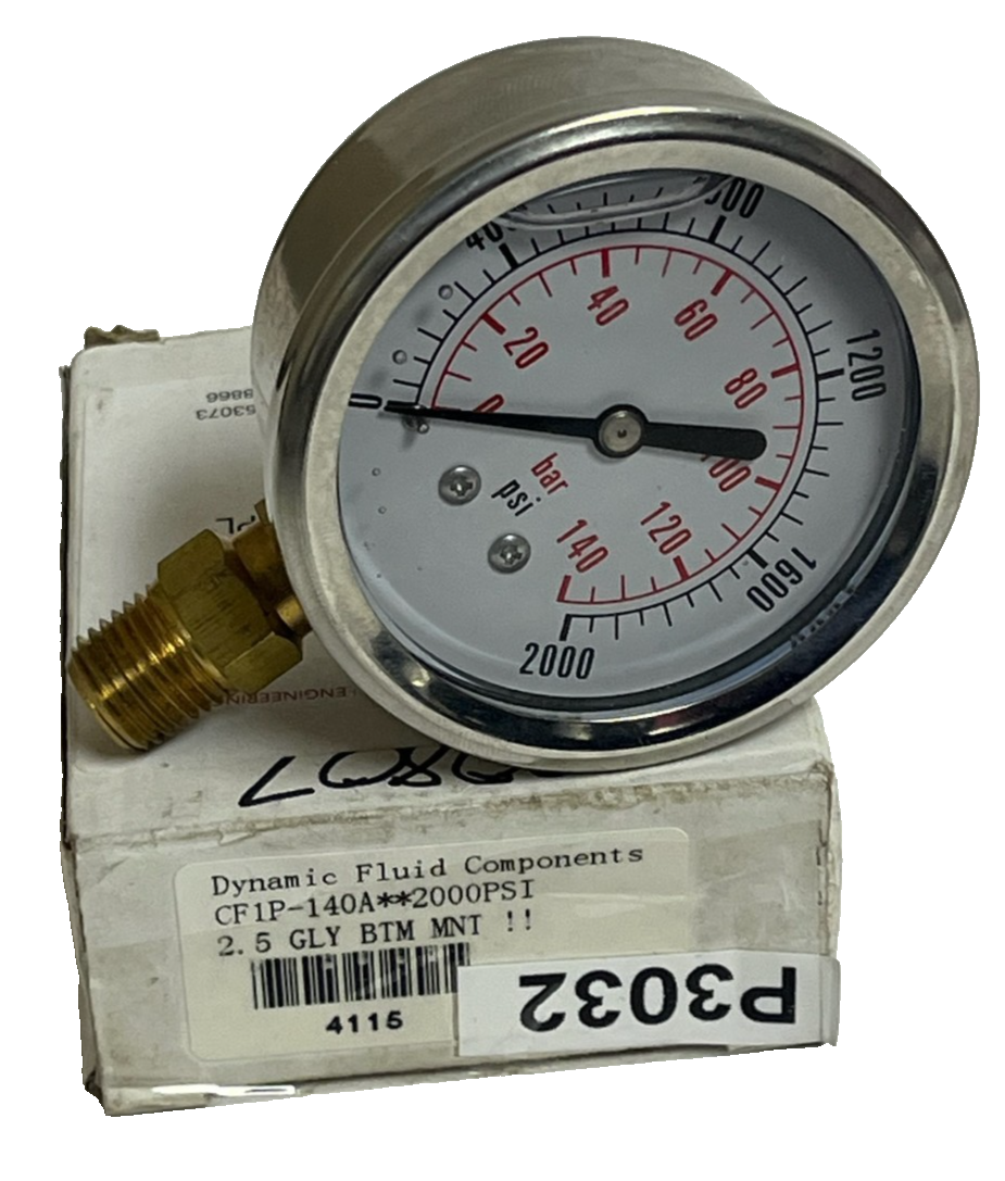 Used Dynamic Fluid Components CF1P-140A Pressure Gauge 2000 PSI 2.5" Face 1/4" NPT