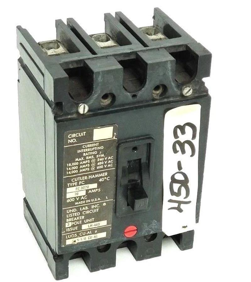 Used CUTLER HAMMER FC-3070 CIRCUIT BREAKER 70A 600VAC LH-443 3-POLE FC3070
