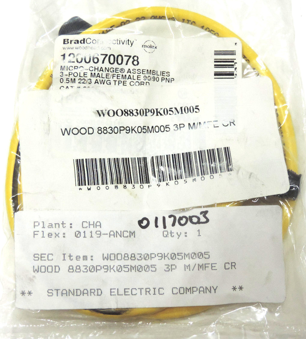 NEW WOODHEAD 8830P9K05M005 CORDSET CONNECTOR 3POLE MALE/FEMALE 1200670078