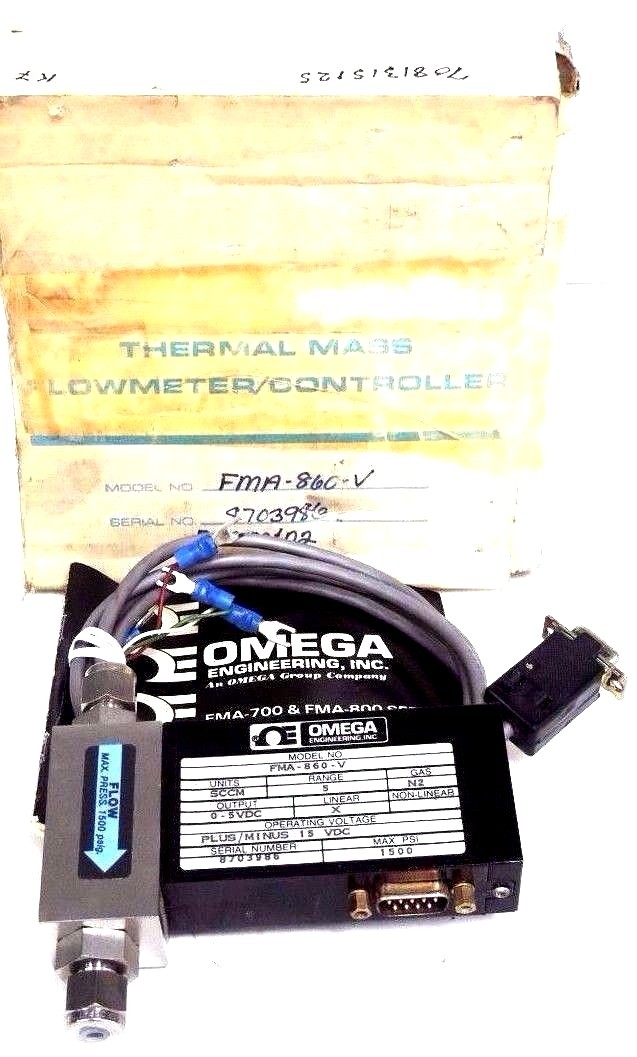 Used NIB OMEGA FMA-860-V FLOW METER 0/5VDC, X LINEAR, SCCM, N2, 1500PSI, FMA860V
