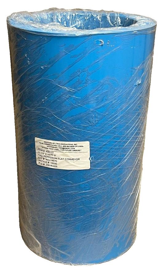 Used Western Belting 450122 FB3BLES PURclean Conveyor Belt Blue 17-1/2" x 19' 9" NEW