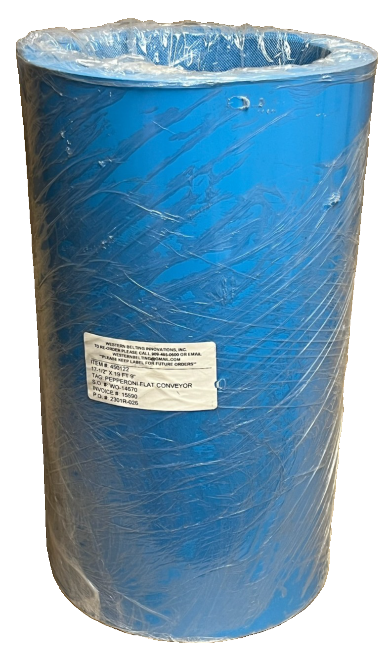 Used Western Belting 450122 FB3BLES PURclean Conveyor Belt Blue 17-1/2" x 19' 9" NEW