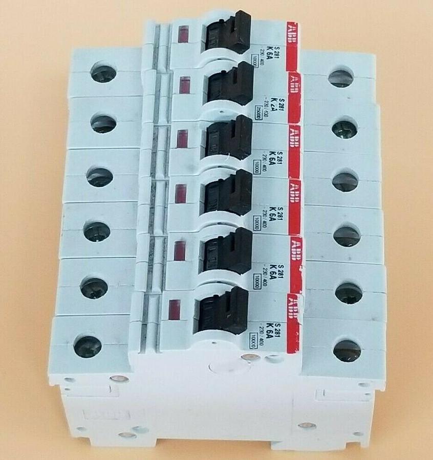 Used LOT OF 6 ABB S281-K6 CIRCUIT BREAKERS, 6AMP, 230/400VAC, 1POLE, S281K6A