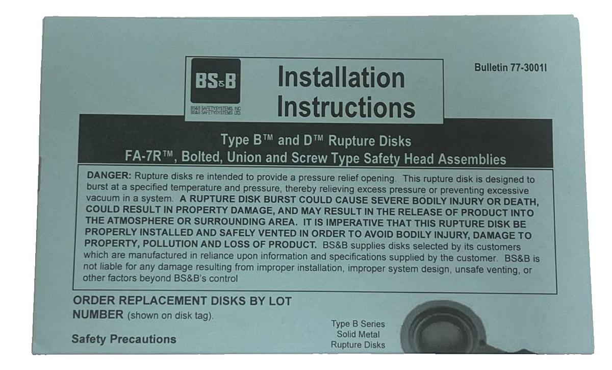 Used BS&B 1.5" Rupture Disk Type B Hastelloy C276 Burst 4245 PSIG @ 140 F 1.5 Inch