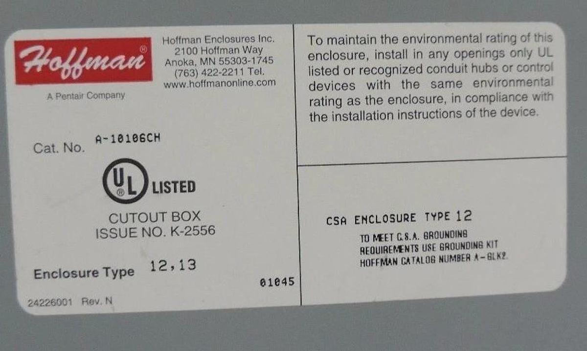 Used HOFFMAN A-10106CH ENCLOSURE JIC BOX TYPE 12 10X10X6, A10106CH